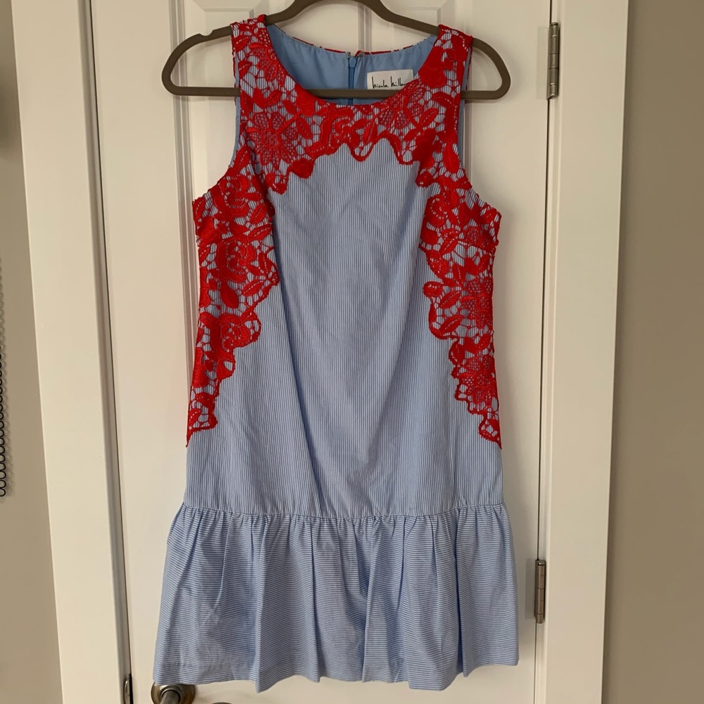 Nicole Miller Seersucker & Lace Ruffle Hem Dress